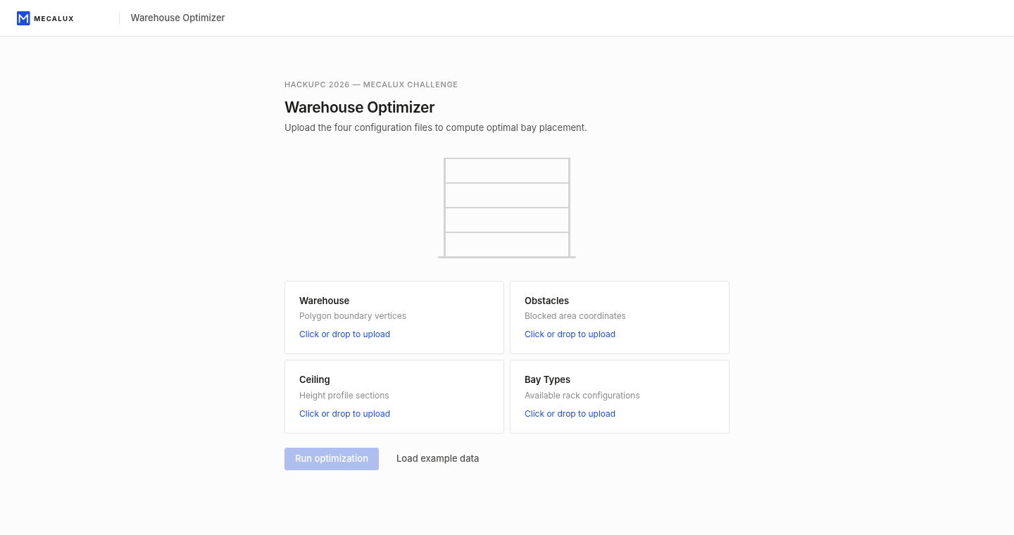 Warehouse Optimizer challenge input screen